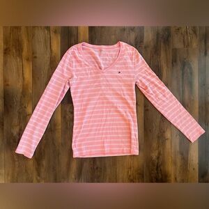 Tommy Hilfiger Pink Striped V-Neck Long Sleeve Tee Shirt Medium